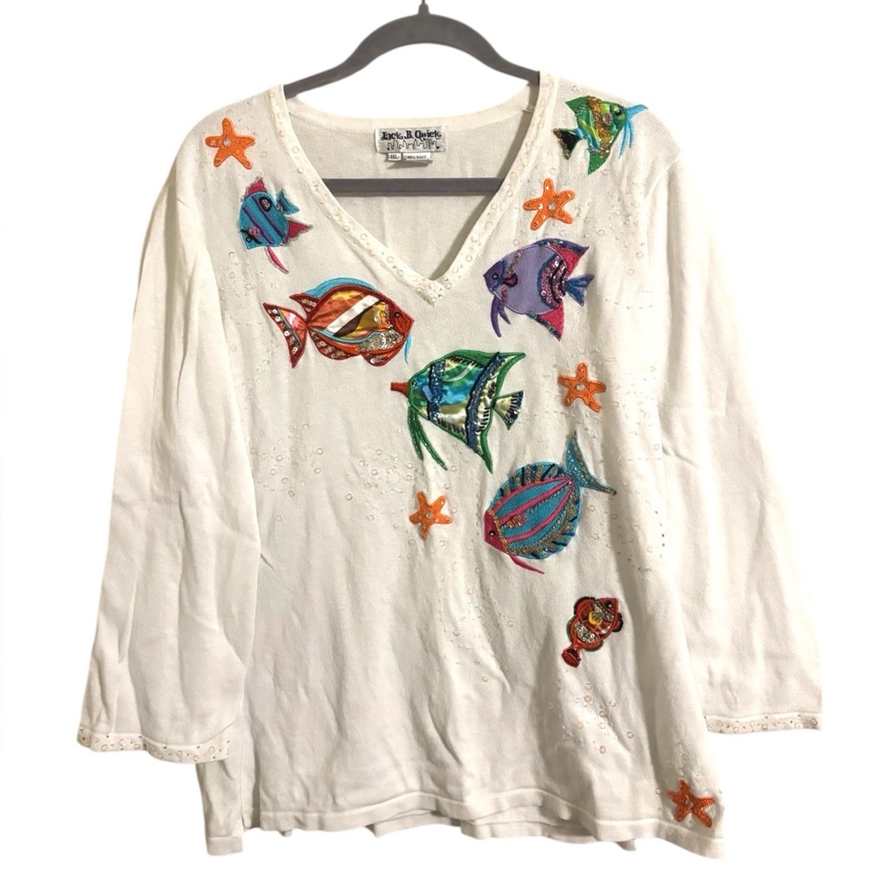 Vintage 90s Jack B.‎ Quick Embroidered Fish V-Neck Shirt 1X